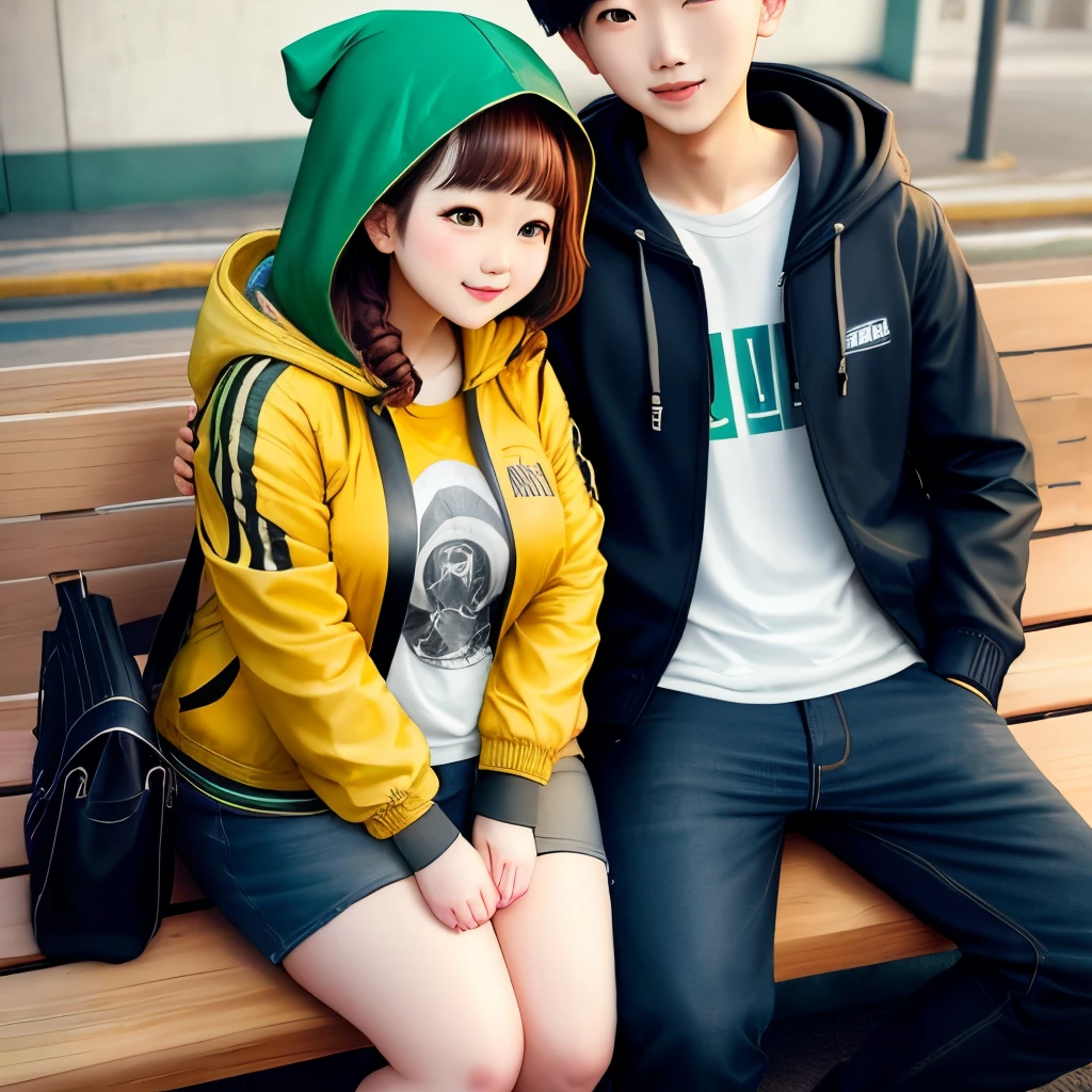 the chubby girl seat at the back of the boy wearing couple jacket with hood color yellow