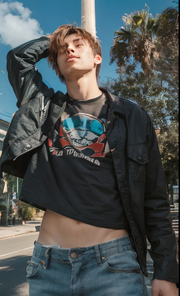 Boy arms behind neck and stomach showing