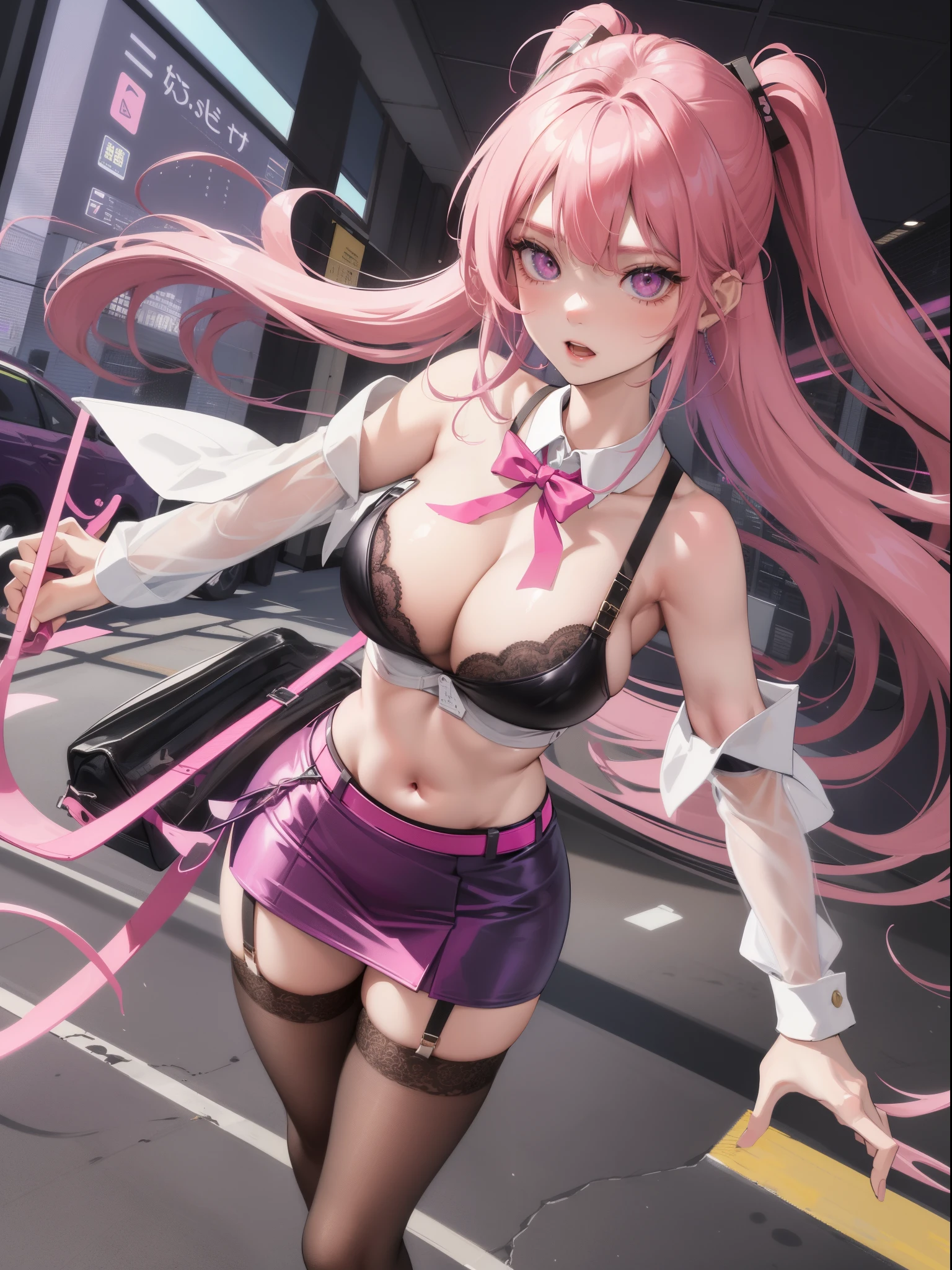 Best quality at best, tmasterpiece), 1个Giant Breast Girl, with pink hair, a purple eye, a garter belt, pencil skirts, Female office staff, Black bra, tiese, collared shir, leaning backward