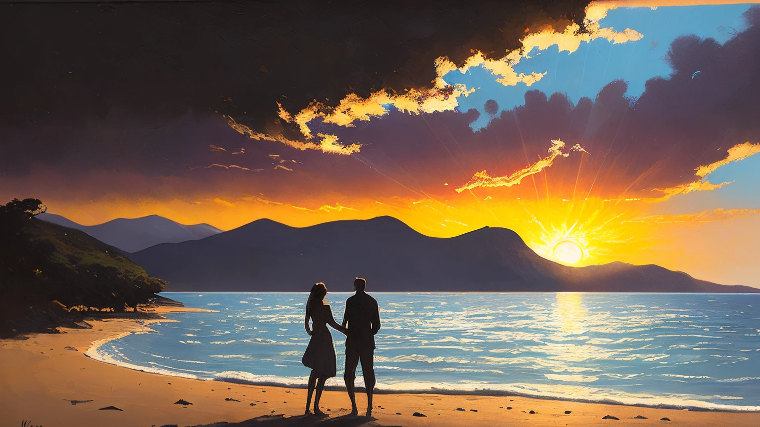 artwork a happy couple of newlyweds stands embracing on the shore of the indian ocean at sunset,the mountains,(long veilm:1.3), beautiful kiss,(sun rays:1.3),big sailboat, big moon, golden light, (small clear silhouettes:1.4),hazy lighting,depth of field, haze on the horizon, blue Lagoon,(Cumulus clouds:1.2), (oil paint:1.2), artstation,soft focus, vignette, 35mm , by greg rutkowski