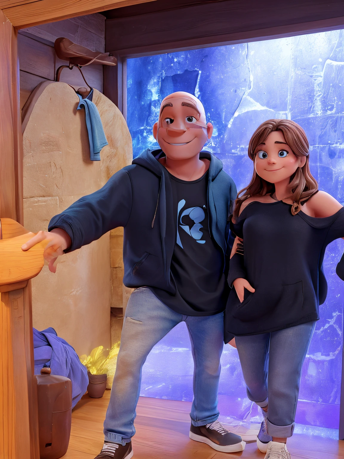 There are two people standing in a doorway, cold as ice! The woman have brown hair above her breasts, the man is bald. The woman has just black T-shirt with bare shoulders, dark  gray sweatpants and black sandals, where we can see her feet. The man has black T-shirt and black hoodie, light blue jeans and black sneakers. The woman is smiling with closed mouth and the man is smiling with half open mouth. The man has bigger belly. The couple is 45 years old. There are only these two characters in the picture, no one else. Model of the picture is disney pixar, little bit realistic.
