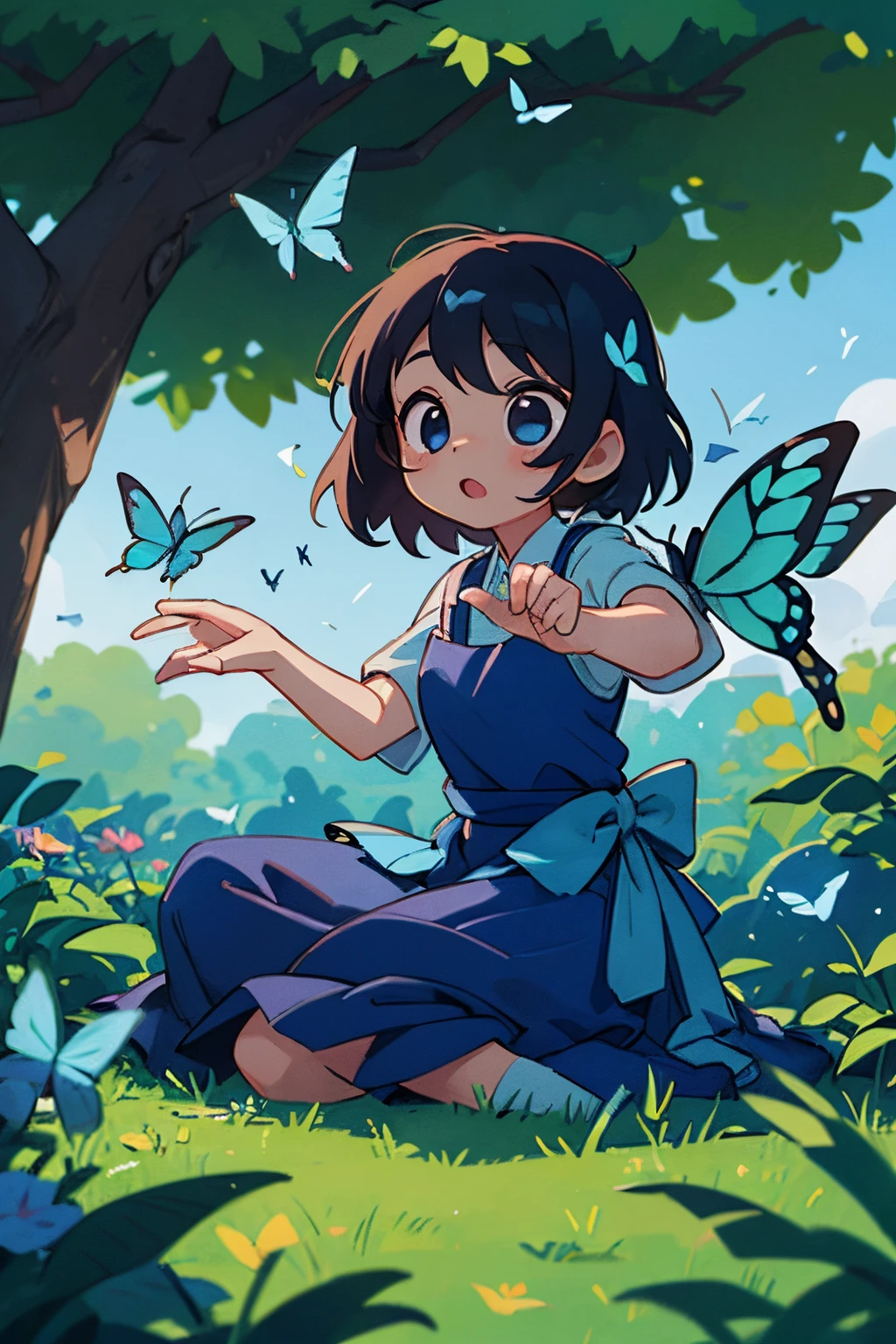 Sarah was sitting under a big tree in the garden.、Colorful butterflies々I found them flying around.。she reached out her hand、butterflys々started dancing with us。The color of the clothes is blue、Hair color is black