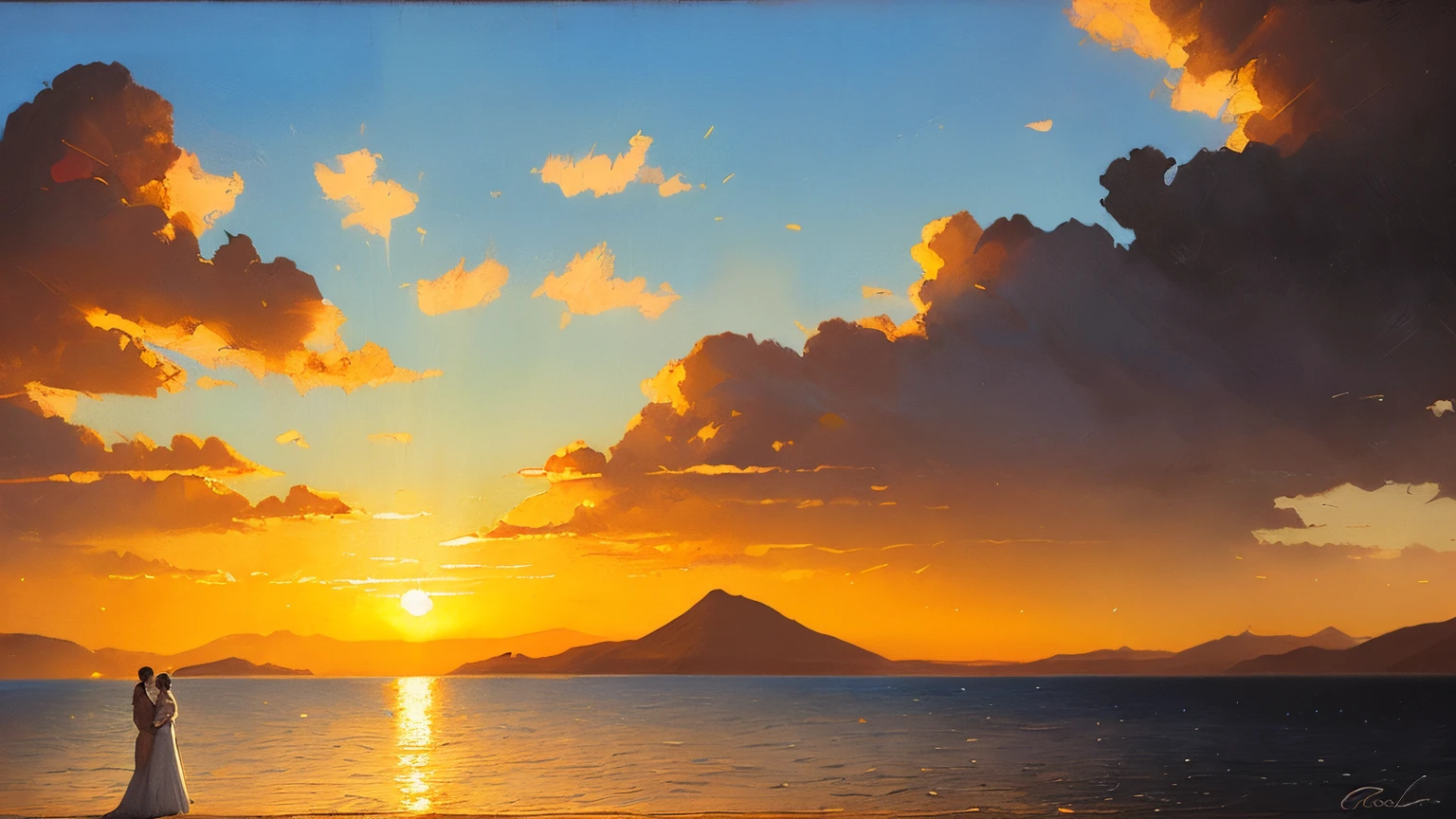 artwork a happy couple of newlyweds stands embracing on the shore of the indian ocean at sunset,the mountains,(long veilm:1.3), beautiful kiss,(sun rays:1.3),big sailboat,  big moon, golden light, (small clear silhouettes:1.4),hazy lighting,depth of field, haze on the horizon, blue Lagoon,(Cumulus clouds:1.2), (oil paint:1.2), artstation,soft focus, vignette, 35mm , by greg rutkowski