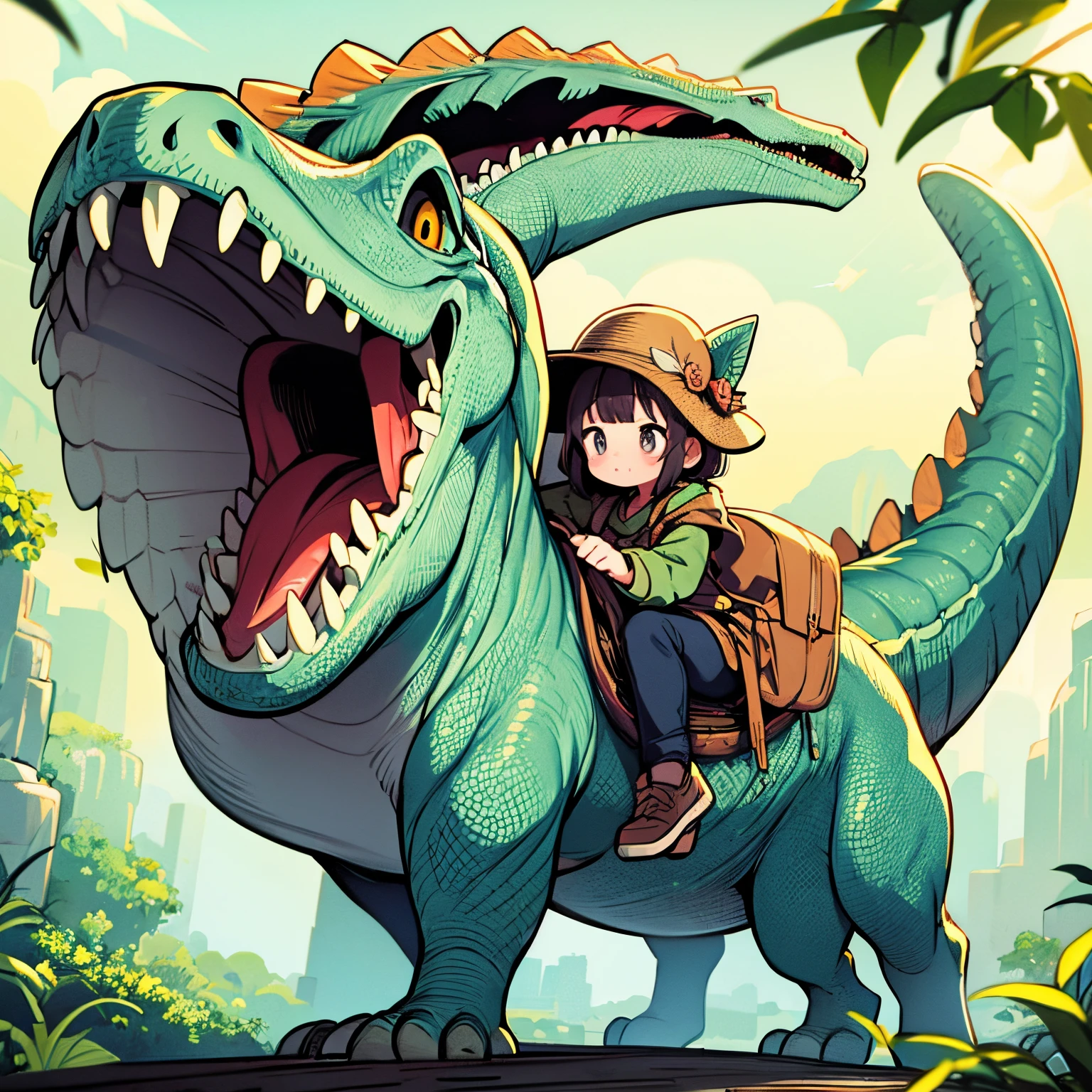 A masterpiece, a detailed background, Jurassic's world view、 A cute girl is riding an Allosaurus、