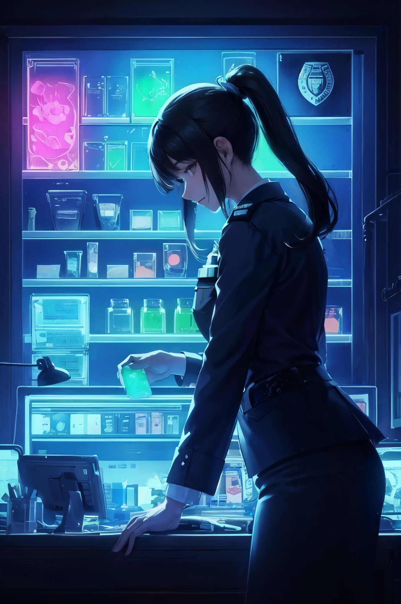 1lady solo, from side, policewoman, examining items, mature female, /(black hair/) bangs, determined expression, (masterpiece best quality:1.3) delicate illustration ultra-detailed, large breast BREAK (various items glowing neon colors) BREAK (dimly lit room of a police station indoors) BREAK black light art
