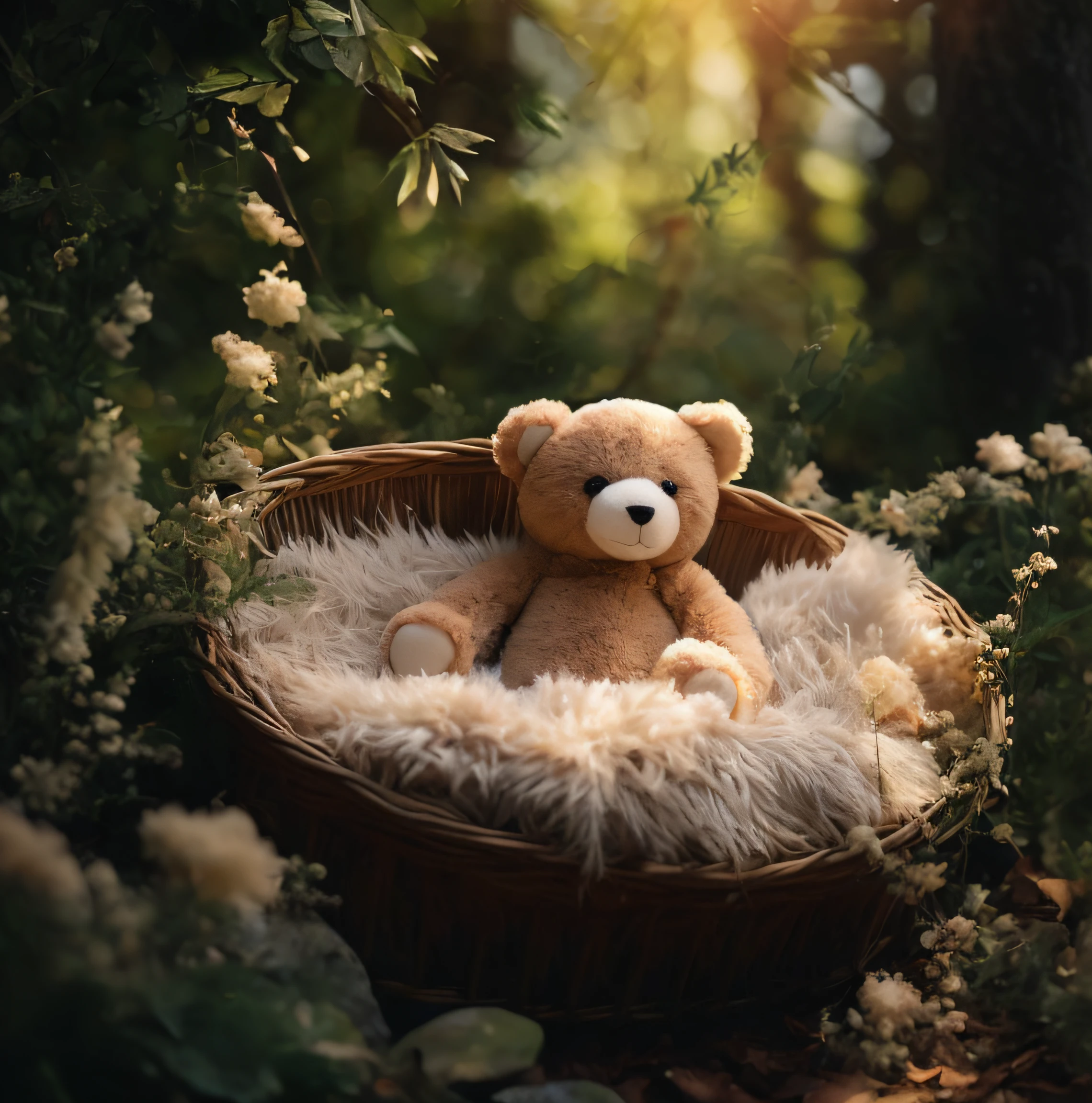 hay un osito de peluche sentado en una canasta en el bosque, toy photography, dreamy and detailed, plushie photography, Oso miniatura, Adorable pintura digital, osito de peluche, dream scene, Paul Barson, por Emma Andijewska, Retrato de alta calidad, Dust Bela Nagy Abodi, soft mood, Oso de peluche, Cute Photography, por Alexander Kucharsky