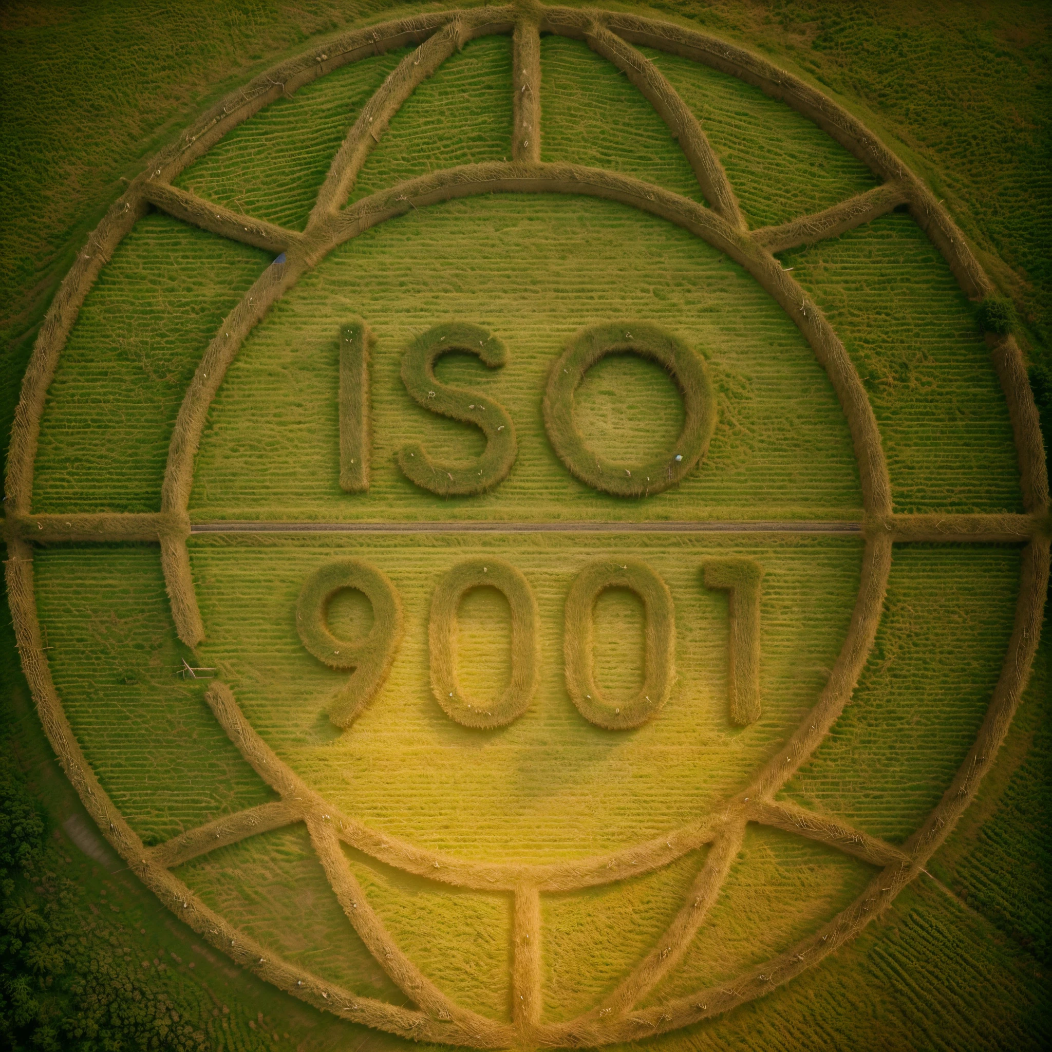 aerial photo top view of farm grass with mark on grass with grass textured text, grass in text form is (("ISO 9001")), Text marked in the grass on the ground, (((vacas pastando ao redor))), ultra realistic, light cinematic, do topo, wide angle, 8k