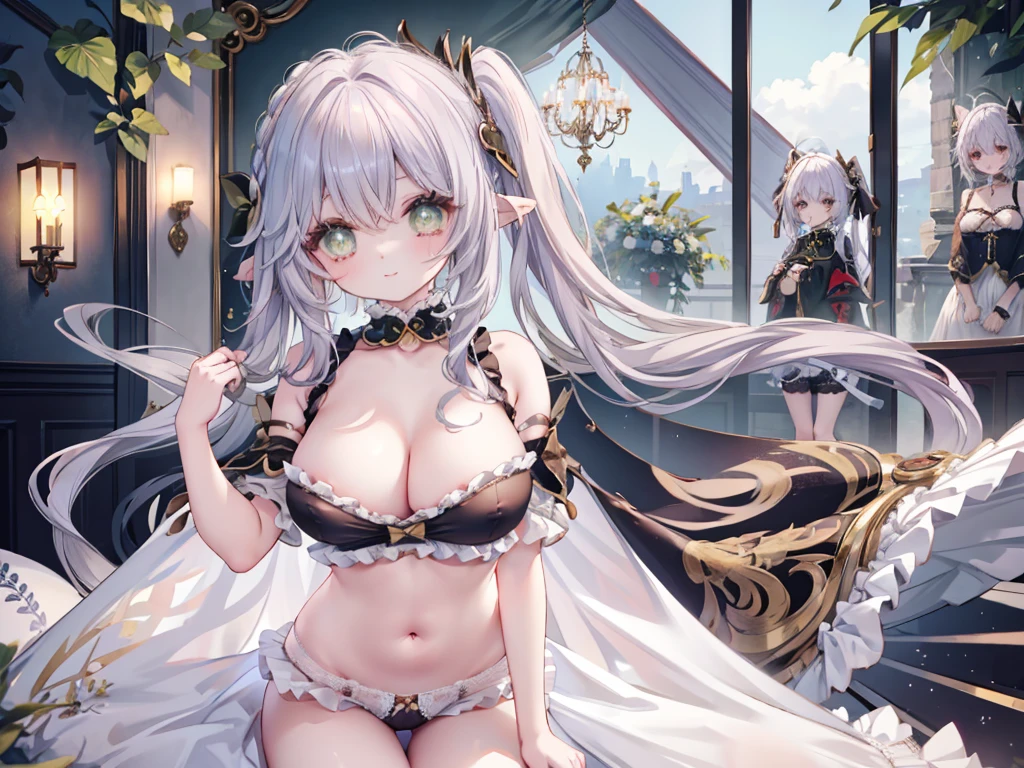 1 woman、Radiant hair、fluffy and soft hair、Sparkling eyes、爆乳、Too large breasts、Seductive breasts、Sheer underwear、lace cape、a choker、Long Lace Bale、Ruffles and ribbons、A smile、The upper part of the body、wingspan、A benevolent look、Eternal brilliance、Too large breasts、爆乳、puffy chest、ta room、Navel Ejection、I can see my nipples、Lolilothes、bow ribbon、