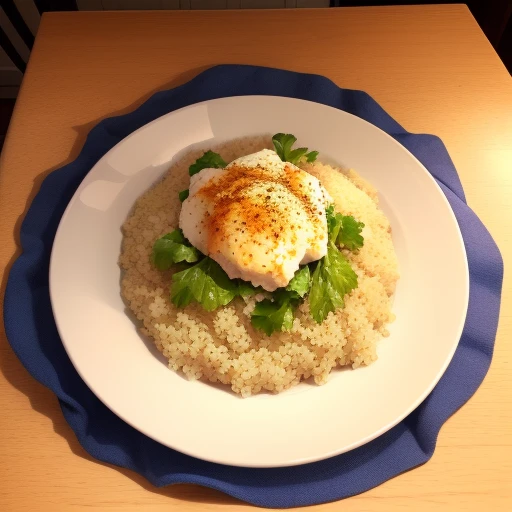 Crie um prato branco, com uma salada de quinoa com frango real