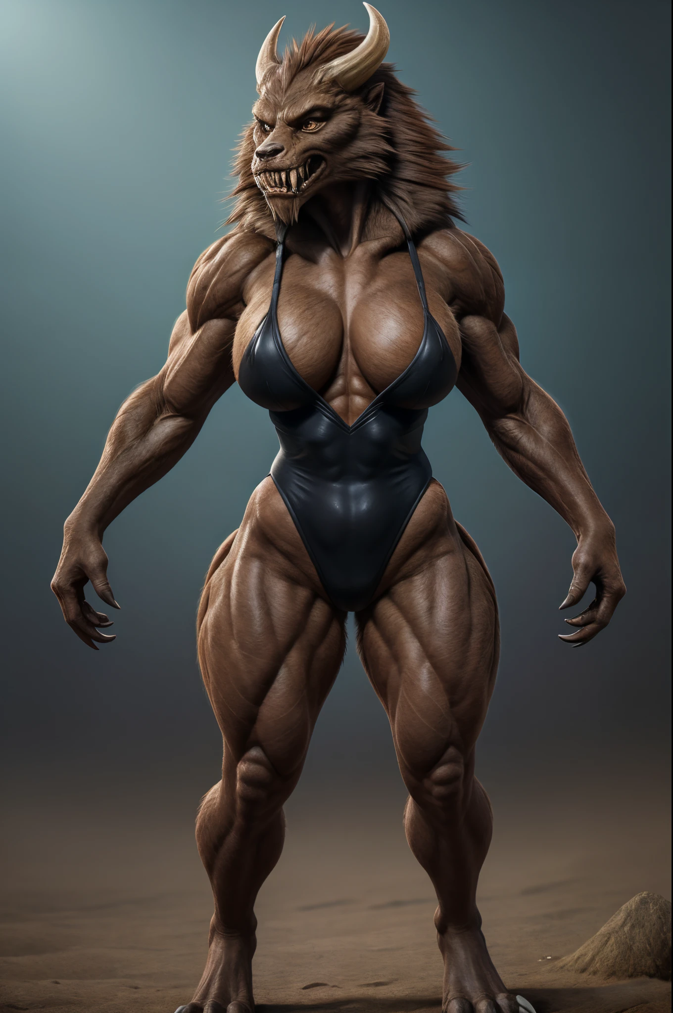 "Create an ultra-high-quality, photorealistic artwork in 8K resolution that depicts a Sasquatch Woman Hybrid in all her glory. The focus should be on capturing the intricate details of her features to create a realistic and immersive experience.
The woman should have long hair that flows beautifully, adding to her allure. Her entire body should be covered in brown fur, giving her a wild and primal appearance. She should be portrayed wearing a tight, high-leg leotard in black that accentuates her muscular and toned physique. Her broad hips and hourglass body shape should emphasize her voluptuousness and thicc figure.
Her muscular build should be evident, with well-defined abs and thick thighs showcasing her strength. She should possess long arms with sharp claws, further enhancing her menacing presence. Her teeth should be sharp and fang-like, and she should also have horns, adding to her monstrous yet beautiful aesthetic.
Through this artwork, capture the fierce and sexy nature of this hybrid creature. The level of detail and realism should be top-notch, allowing viewers to fully appreciate the intricate features and character of this unique Sasquatch Woman Hybrid."
monster, (fur:1.8), (leotard:1.4), (Muscular:1.6), (Large Breast:1.2), (claws:1.3), (sharp teeth:1.2), (hair:1.4), (long arms:1.3),