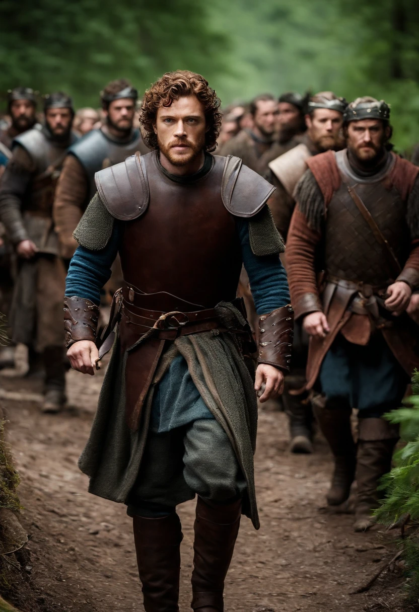 A photo of Robb leading a group of men in a rescue mission to save a stranded group of villagers in the northern forests.,Game of Thrones TV series,Robb Stark has curly auburn hair, blue eyes, and a neat beard. Famously portrayed by Richard Madden, male