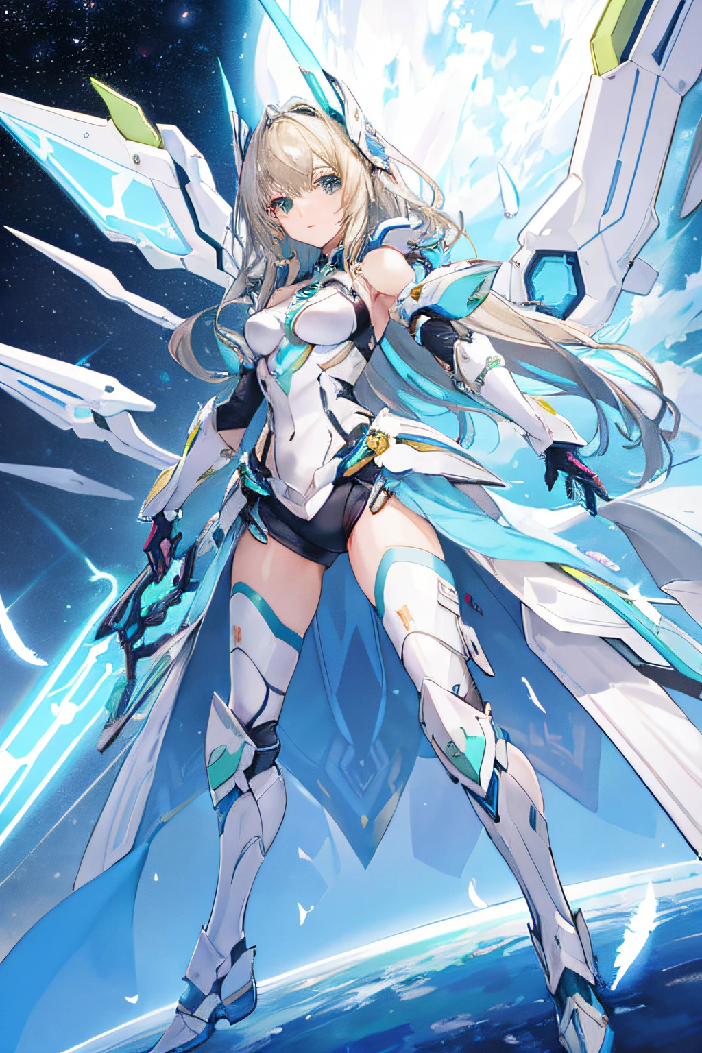 futuristic costume、futuristic decoration、head gear、highleg、Futuristic armor、Pink light、Green Armor、foot armor、nffsw、No shoulder、arm guards、knee high、tights、machine wings、Feathers of light、gadgets of the future、neons、thighs thighs thighs thighs、a blond、The long-haired、average、Eye Highlights、aureola、kosmos、stele、deph of field,Top image quality、Beautifully Aesthetic:1.2)、(1girl in:1.3)、stupendous、细致背景