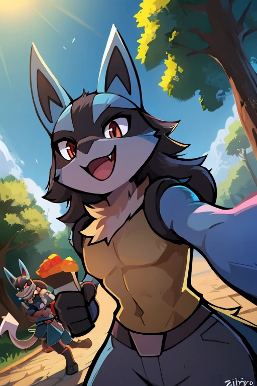 blitzdrachin, lucario, male, park, happy, perspective