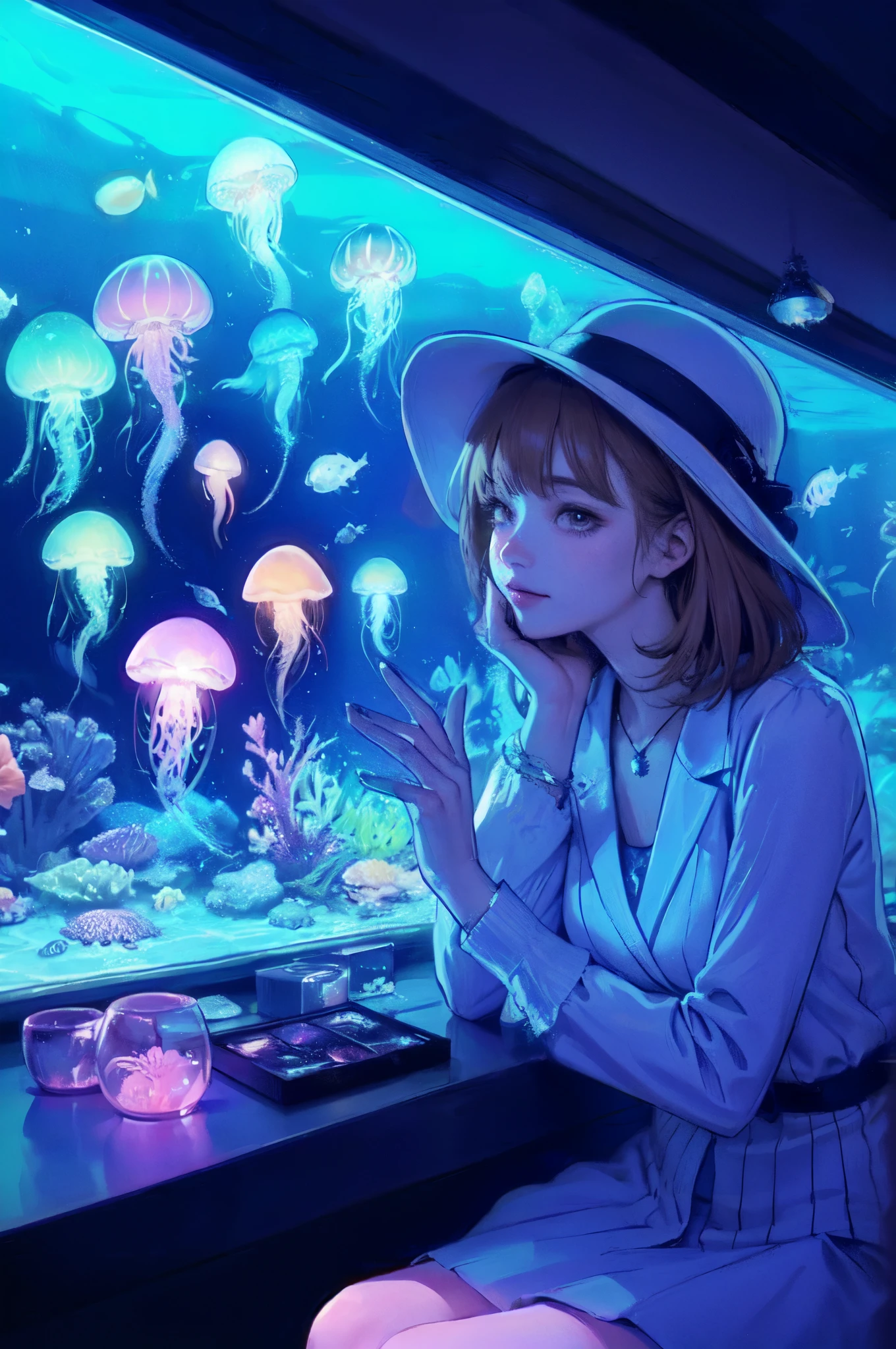1lady solo, staring at jellyfish in the tank, /(stylish outfit/), mature female, /(light brown hair/) bangs, light smile, (eyes sparkling with fascination), (masterpiece best quality:1.3) delicate illustration ultra-detailed, large breast BREAK (jellyfish glowing neon under the black light) BREAK (dimly lit room of an aquarium indoors) BREAK black light art