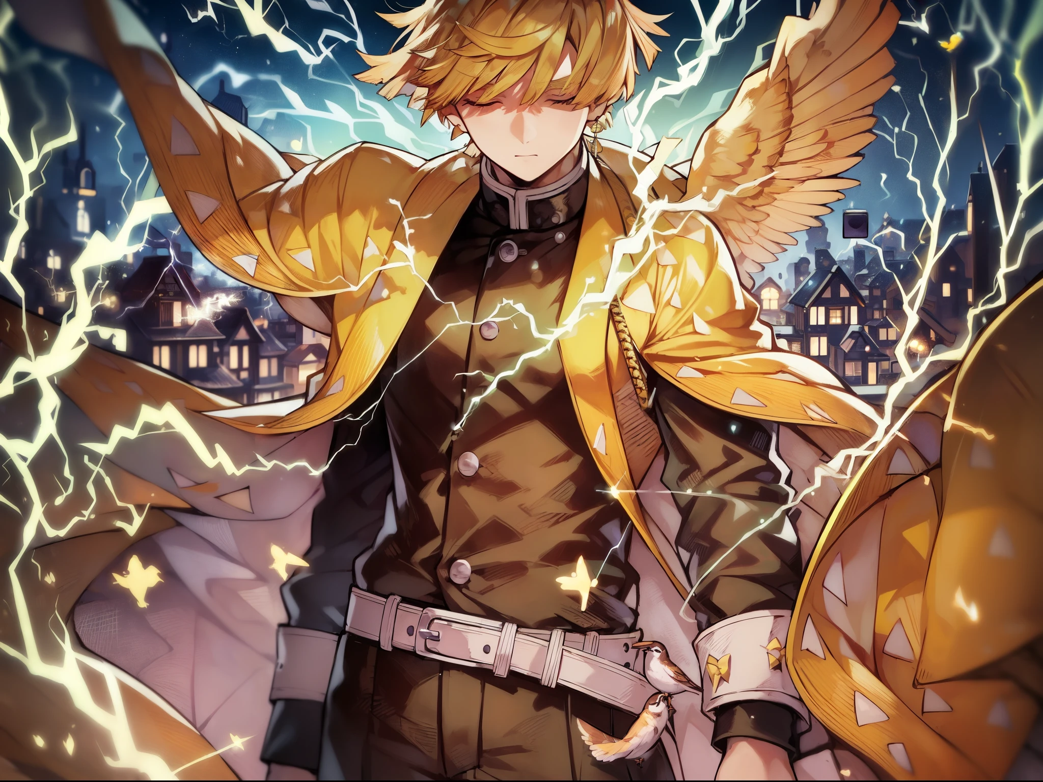 (((​master piece))),((Best Quality)),((((Town)))),Detailed,1boy,Solo,Resting, Yellow hair,Just a suit,Pants,Closed eyes,(((electricity))),katanas,holding swords,Bird, animal,animal on shoulder,hyperdetailed face