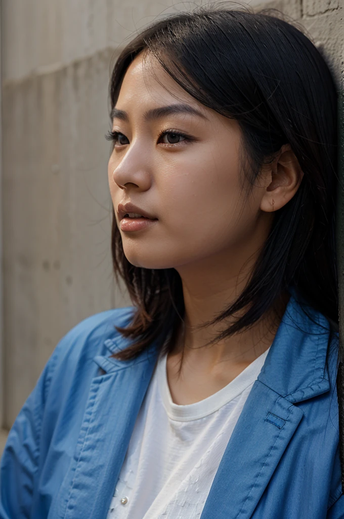 Asian woman in blue jacket against wall, close-up of face, side light