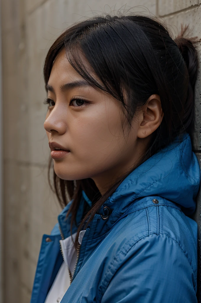 Asian woman in blue jacket against wall, close-up of face, side light