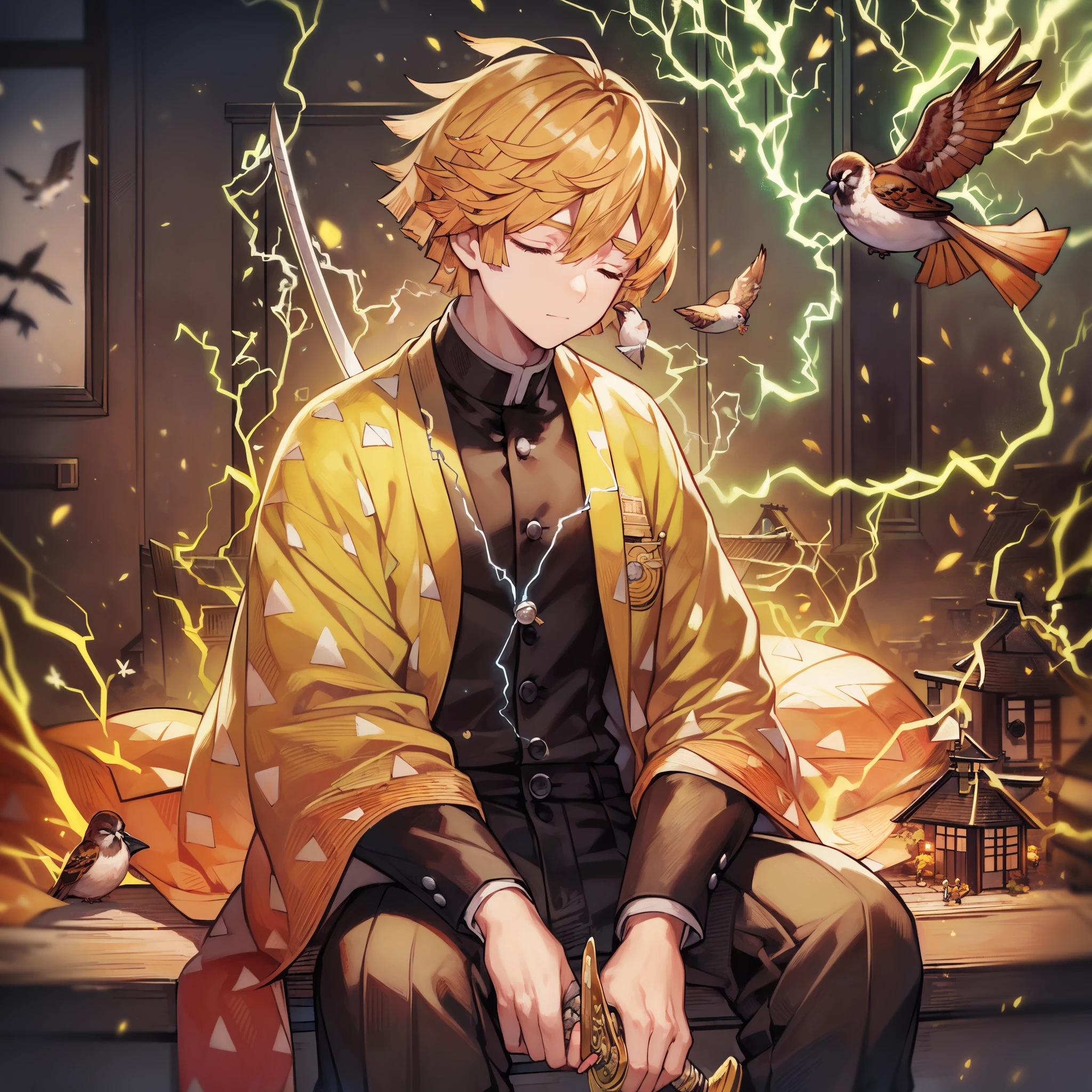 (((​master piece))),((Best Quality)),((((Town)))),Detailed,1boy,Solo,Resting, Yellow hair,Just a suit,Pants,Closed eyes,(((electricity))),katanas,holding swords,Bird, animal,animal on shoulder,hyperdetailed face