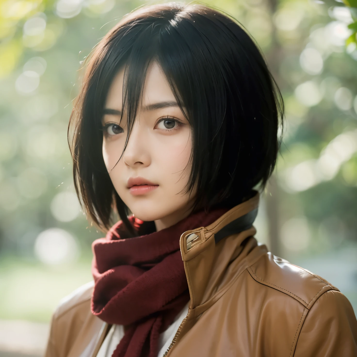 1girl, (Mikasa Ackerman, Short Hair, Black Hair), Red Scarf, Brown Shirt, realistic, ultra detail, 70mm lens,