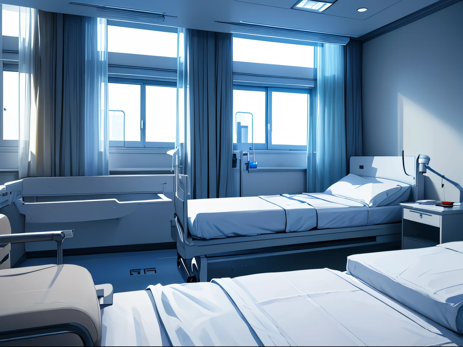 hospital room of the near future　hospitals　There is a bed next to the window　Looking at the pillow from close to the bed　View from near the bed　soft sunlight　white theme　minimalism　drip table　ECG monitor　digital concept art of dystopian　Blue theme
