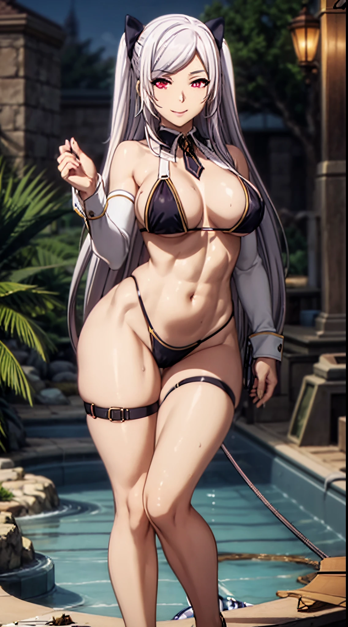 Alexia Midgar, red eyes, silver hair, long hair, extremely long hair, expresive eyes, detailed eyes, , masterpiece, cinematic lighting, ray tracing, pool party, music, good ambiance, night, she is wearing a hot  and boasting about her body, well-formed , well-formed , quite wet body, body focus, thick thighs, smile, sly look , pose, smug expression, shiny hair, shiny skin, full body shot, well endowed figure, perfect hands, beautiful face, spring break, neon lights, vibrant colors, depth of field,  (perfect hands:1.1),  body, developed obliques, add_detail:2, 4k res, detailed composition,  best quality, visible eyelashes, high resolution,  UHD, wet , putting her hands on her 