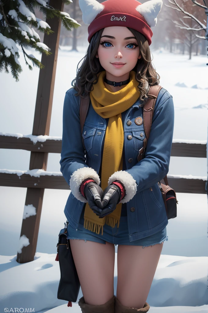 (8k, best quality, masterpiece:1.2), (realistic, photo-realistic:1.37), ultra-detailed, 1 girl,cute, solo, ,beautiful detailed blue eyes, medium wavy hair, standing in a park, smiling, looking at viewer, ,light brown hair, full body view, , whole body shot, red hat,choker, yellow scarf, red sweater,, winter gloves, winter, snow, snowing, pantyhose, stockings black skirt, converse