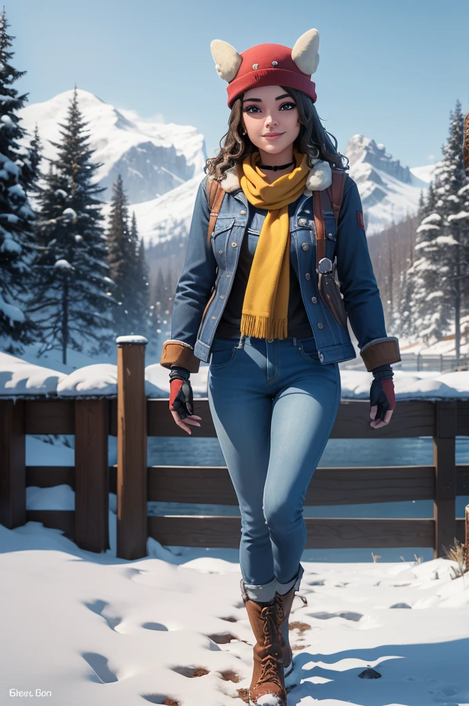 (8k, best quality, masterpiece:1.2), (realistic, photo-realistic:1.37), ultra-detailed, 1 girl,cute, solo, ,beautiful detailed blue eyes, medium wavy hair, standing in a park, smiling, looking at viewer, ,light brown hair, full body view, , whole body shot, red hat,choker, yellow scarf, black winter jacket, gray jeans, winter gloves, winter, snow, snowing,