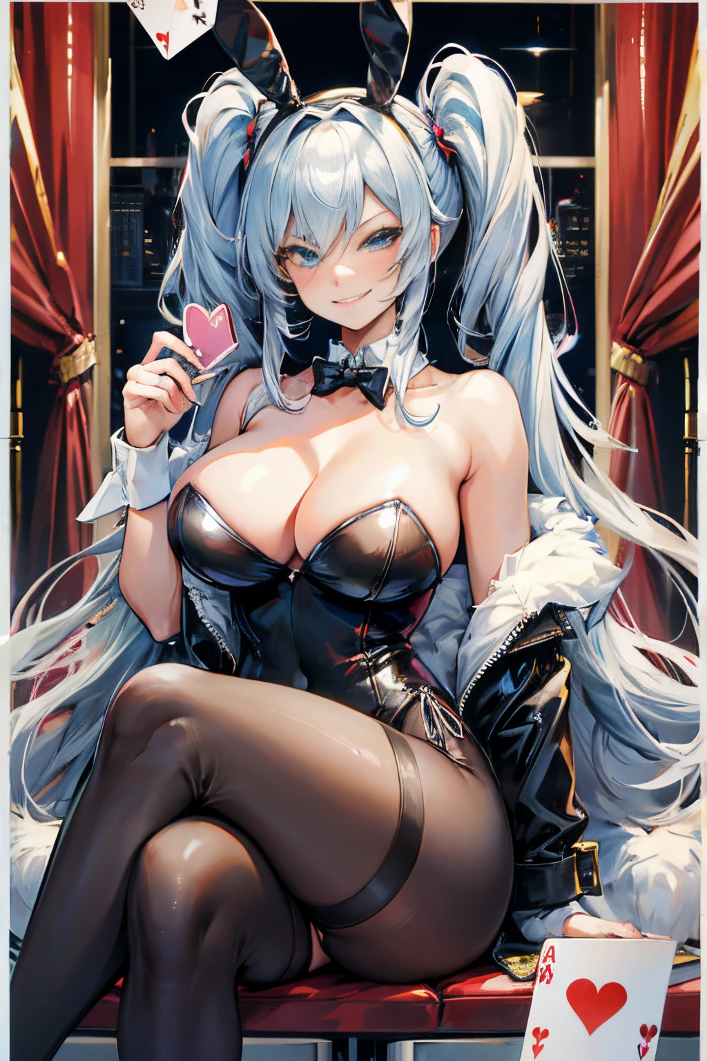 woman, low twintails, large breasts, playboy bunny, crossed legs, holding card, inside casino, smirk