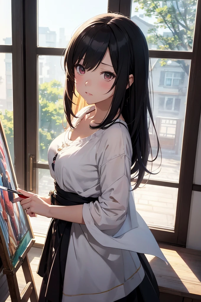 anime girl with a brush and a painting board in front of a window, painted in anime painter studio, realistic cute girl painting, beautiful anime portrait, anime. soft lighting, detailed painting 4 k, anime realism style, realistic anime artstyle, artwork in the style of guweiz, realistic anime art style, made with anime painter studio, portrait anime girl