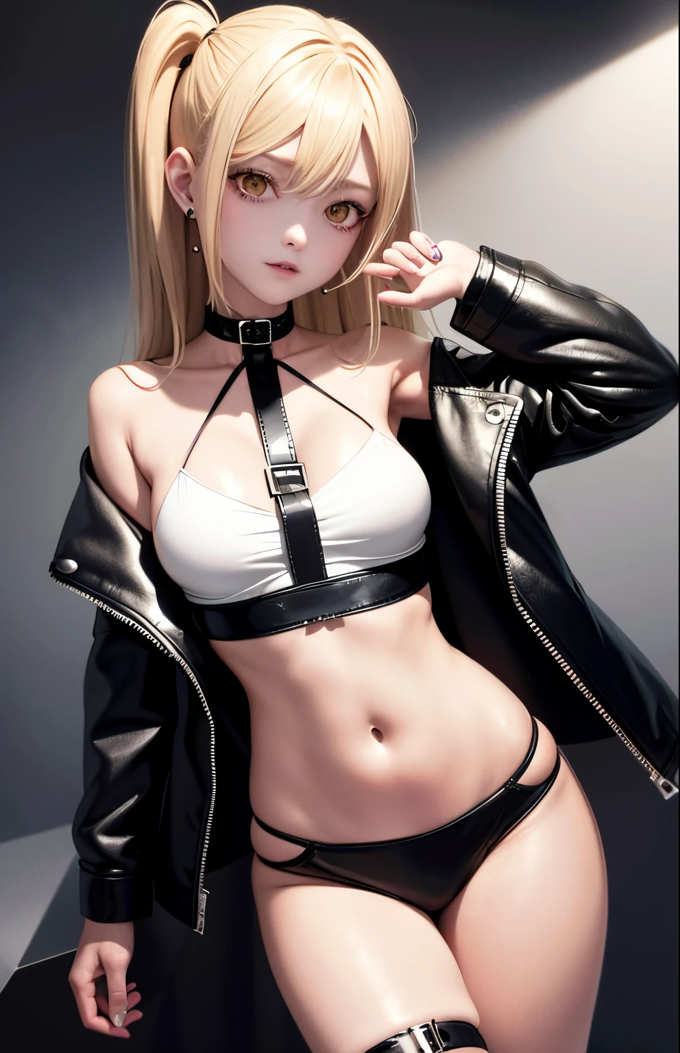 optimum,tmasterpiece,A high resolution,Best quality,hyper HD,super detailing,Award-Awarded,16k,独奏,((upper part of body)),((Broken)),Anatomical correct,Beautiful cyberpunk girl,Cute face,,Gradient Beige Hair,Hairline,((Dark golden eyes)),long eyelasher,Hanging corners of eyes,Fair skin,(small boobs),(slim),((Women's extra short shawl leather jacket)),((goth style,racer_Bitchsuit)),(()),ear studs,(Neck strap),(Laser material clothing:1.2)