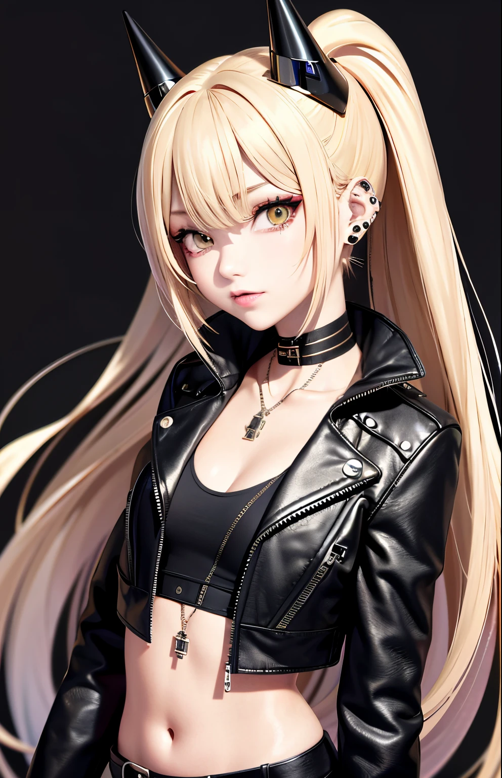 optimum,tmasterpiece,A high resolution,Best quality,hyper HD,super detailing,Award-Awarded,16k,独奏,((upper part of body)),((Broken)),Anatomical correct,Beautiful cyberpunk girl,Cute face,,Gradient Beige Hair,Hairline,((Dark golden eyes)),long eyelasher,Hanging corners of eyes,Fair skin,(small boobs),(slim),((Women's extra short shawl leather jacket)),((goth style,racer_Bitchsuit)),(()),ear studs,(Neck strap),(Laser material clothing:1.2)