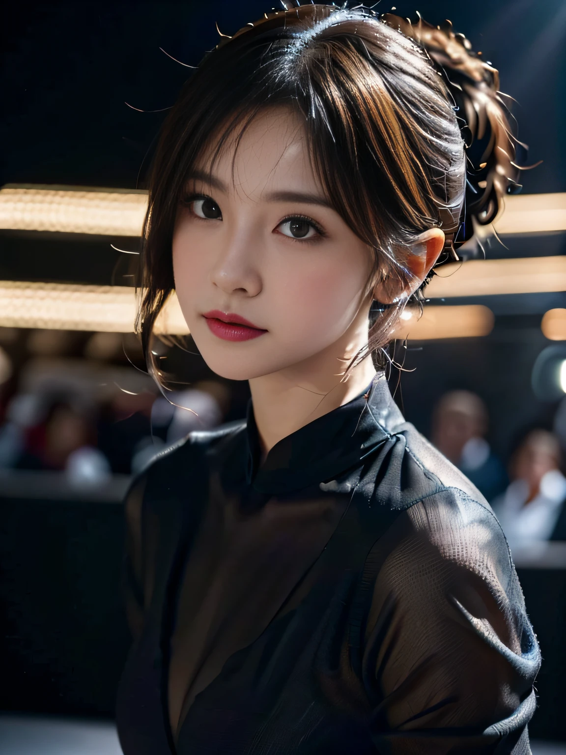 Spotlights on stage、actress in a luxurious dress、top-quality、hyper HD、奈良美智, Japanese Models, Beautiful Japanese wife with short hair, 27-year-old female model, 4 k ], 4K], 27yo, sakimichan, sakimichan