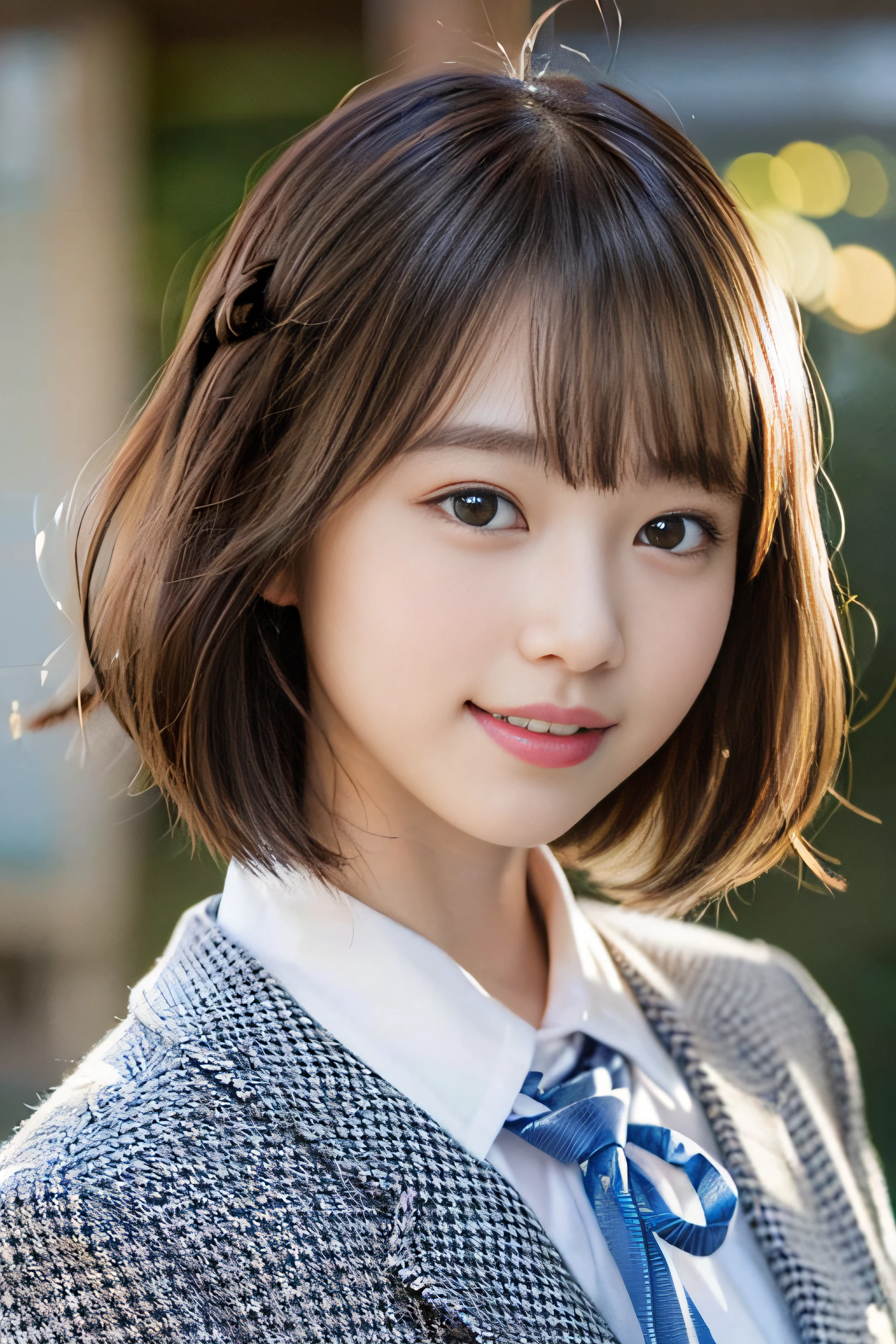(8K、Raw photography、top-quality、masterpiece:1.2)、(realisitic、Photorealsitic:1.37)、ultra-detailliert、超A high resolution、女の子1人、see the beholder、beautifull detailed face、A smile、Constriction、(Slim waist) :1.3)、Beautiful detailed skin、Skin Texture、Floating hair、Professional Lighting、Whole human body、a blond、japanese hight school uniform、a sailor suit、matriculation、short-cut、Bob Hair、E-cup、Happy smile、sixteen years old、a baby face、Childish smile、Suppin、Moisturizing lips、Thin pink lips、Braided hairstyle、green checked blazer、Black tie