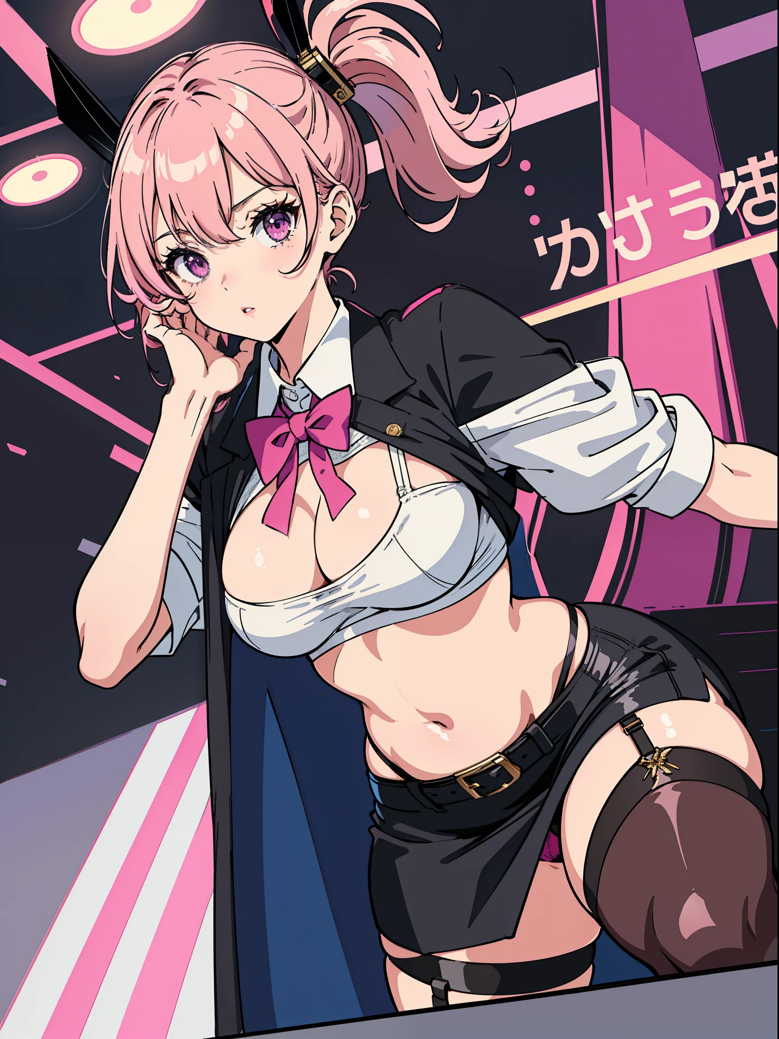 Best quality at best, tmasterpiece), 1个Giant Breast Girl, with pink hair, a purple eye, a garter belt, pencil skirts, Female office staff, Black bra, tiese, collared shir, leaning backward