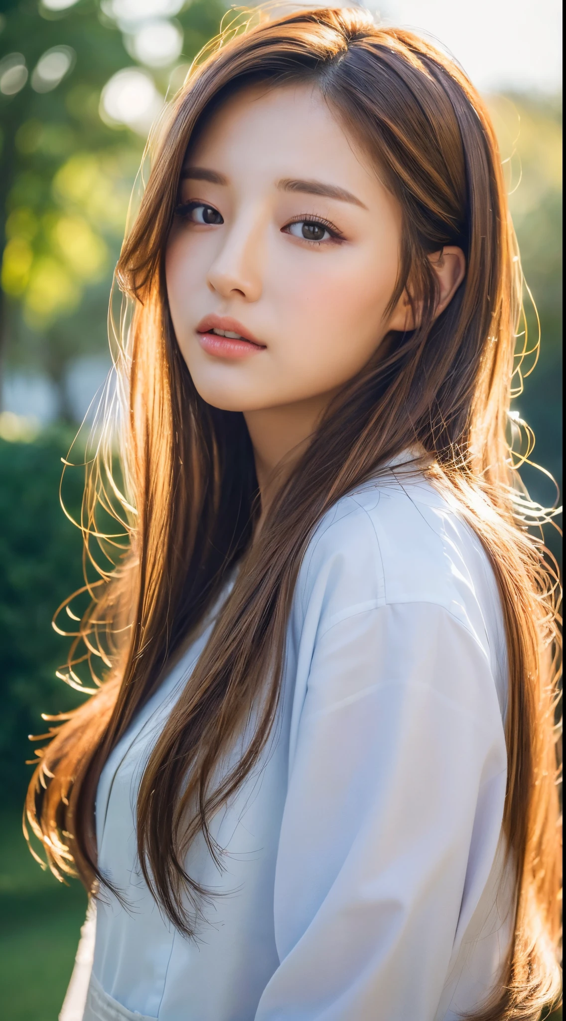 ((Best quality, 8k, Masterpiece :1.3)), 1girl, Pretty woman with emphasizing, light brown hair, park at evening, (back light :1.2), Ultra-detailed face, Detailed eyes, Double eyelid