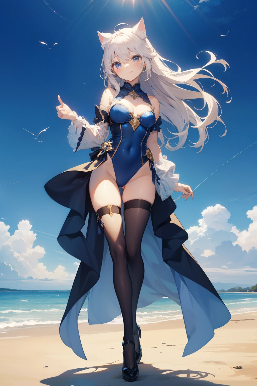 ((2D beautiful girl、top-quality、Perfect Finger 1.1、Perfect Anatomy 1.1、extremely delicate and beautiful illustration))、cute petit girl、(transform sequence)、((Priest style leotard))、ers old、menthiquita、Fractal Art、baby-face、((stright long ))、biooping eyes、a smile、Full Body Display、(1 persons)、(fantasy leotard)、blue sky square、The color of the costume is blue and white、cat ear、Princess、Fantasy world、