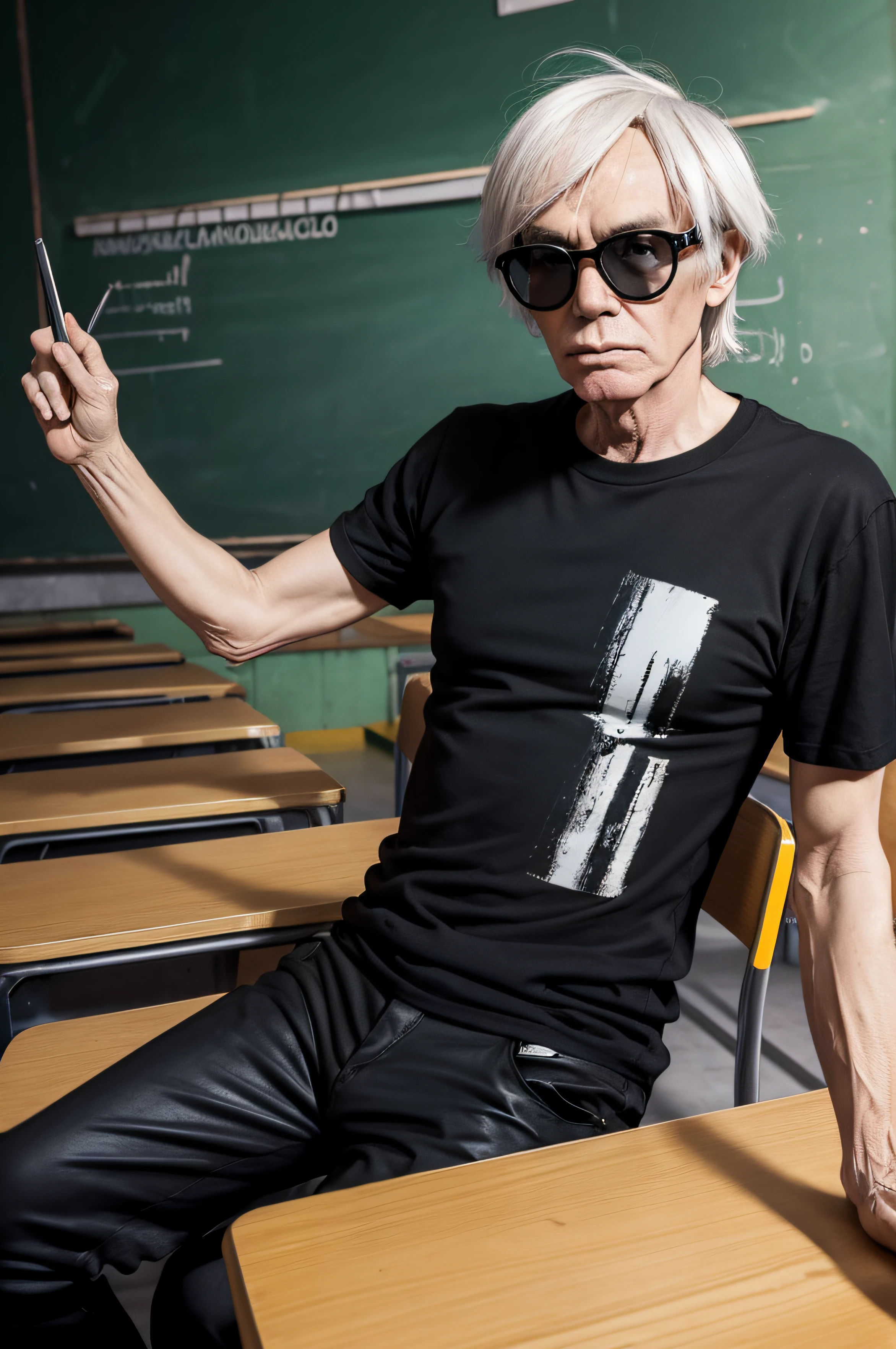 the fantastic iconic pop artist Andy Warhol wearing a plain all black t-shirt in a poor Brazilian public school classroom, very colorful. high skin details, 4k,