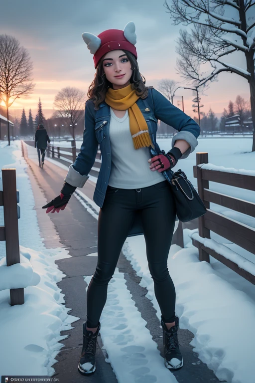 (8k, best quality, masterpiece:1.2), (realistic, photo-realistic:1.37), ultra-detailed, 1 girl,cute, solo, ,beautiful detailed blue eyes, medium wavy hair, standing in a park, smiling, looking at viewer, ,light brown hair, full body view, , whole body shot, red hat,choker, yellow scarf, black winter jacket, gray jeans, winter gloves, winter, snow, snowing, dark pants, black pants