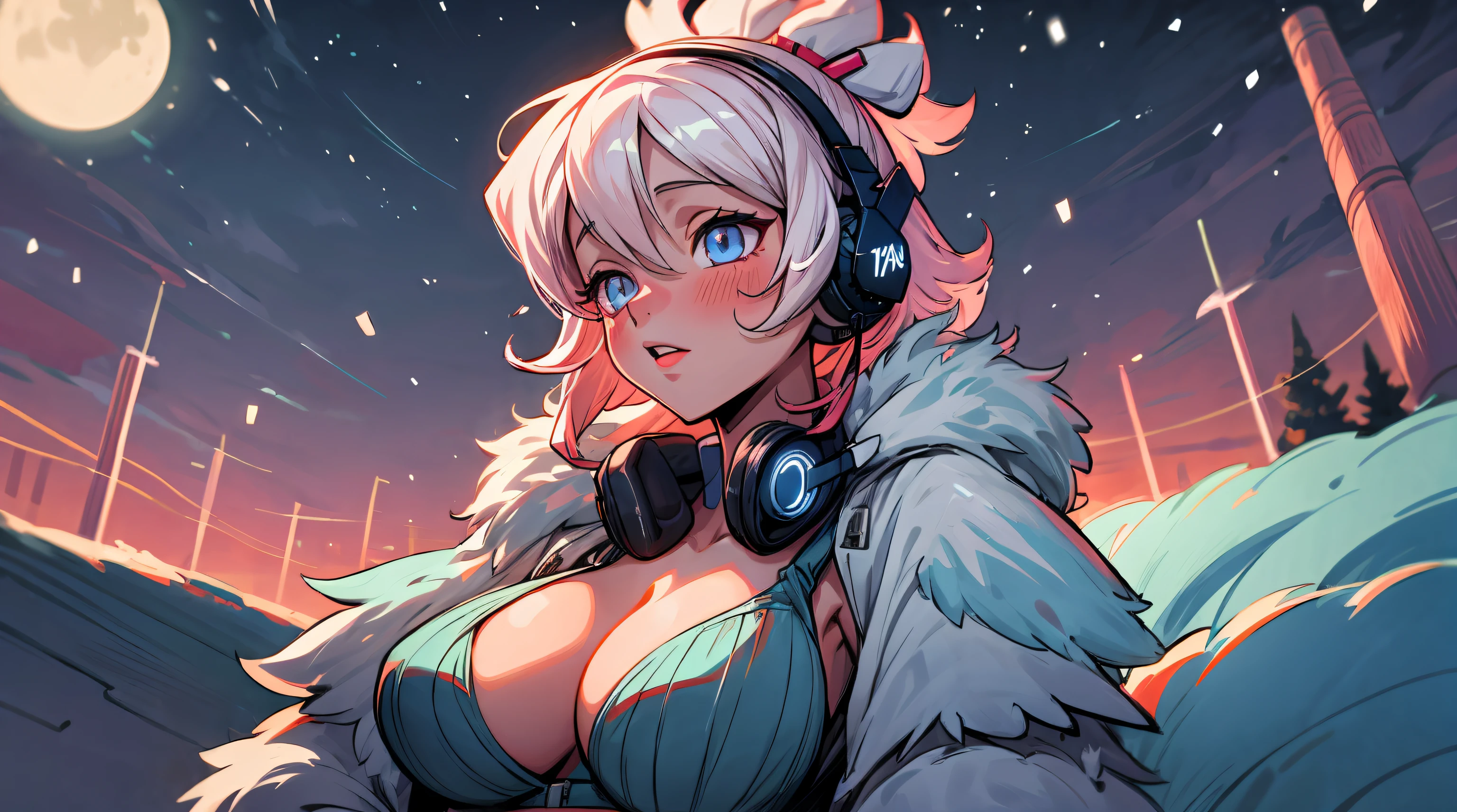 sexy anime 1girl ,headphone, glowing skin , beautiful background , beautiful sky, aesthetic ,venilla ,night ,cleavage, big boobs , lofi , snowfall , winter season