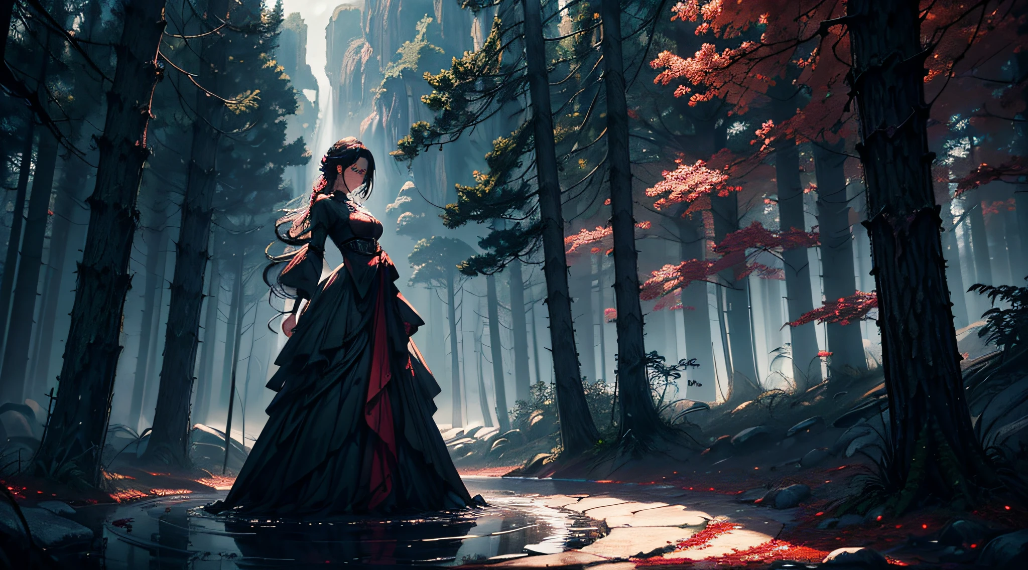 The fire within! Hopeful, powerful image of hope and determination, (full body image) (masterpiece), (exquisite CG), extreme light and shadow, disheveled hair, master work, rich details, (misty 1.6), dark (dark 1.4), moody, stylized, surreal, smoke filled scenery, red and black and white colors, horror, gothic, screaming, clockwork, flying paper, 1woman in flowing robes (delicate fabric 1.2), (translucent fabric 1.4), pale skin, detailes feet, legs, high res, beautiful female face (detailed eyes 1.3), (detailed mouth 1.3), (detailed nose 1.3), dark eyelashes, (blush 1.2), (detailed hands), hourglass shaped body, toned, confident, (masterpiece), (exquisite CG), extreme light and shadow, disheveled hair, master work, rich details, (misty 1.4), dark (dark 1.4), moody, stylized, surreal garden scenery, smoke filled scenery, anime style, like anime movie Hell's Paradise by studio MAPPA, vibrant colors