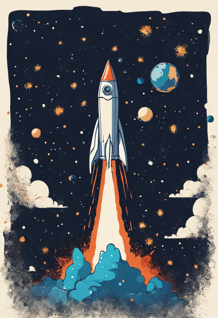 Create an image of a rocket breaking through the planet and blasting off into space. The surrounding space is dark, dotted with stars, enhancing the dramatic effect of the rocket's ascent.