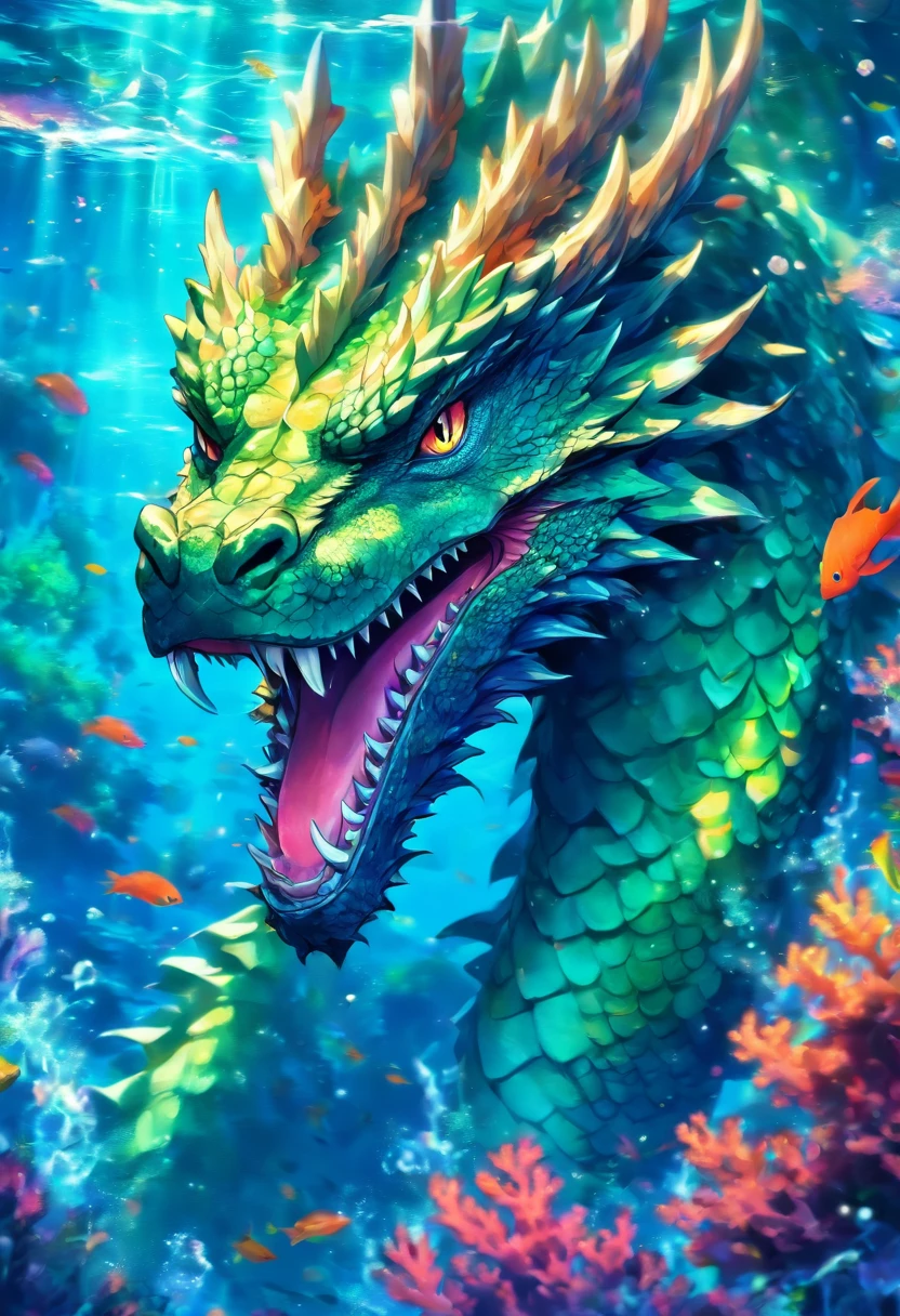 A big water dragon underwater, Majestic colors, Surrounded by coral