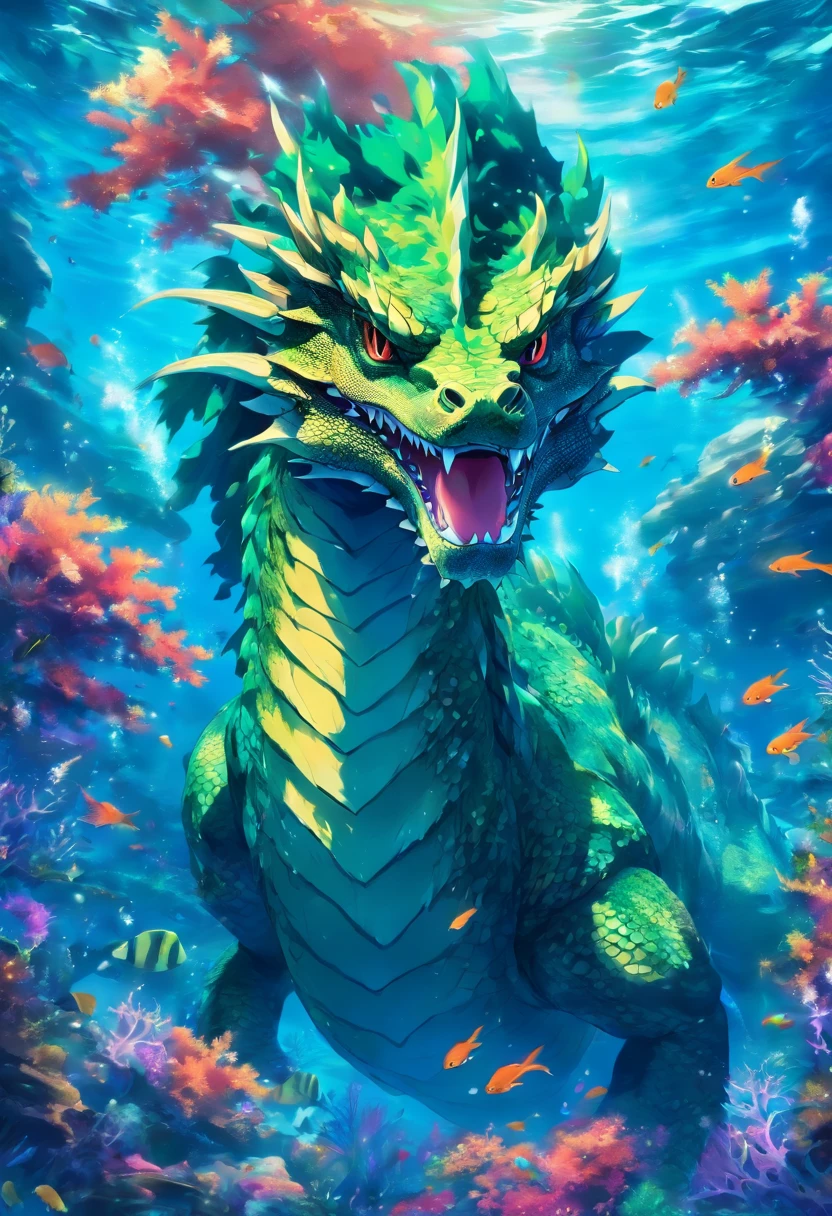 A big water dragon underwater, Majestic colors, Surrounded by coral