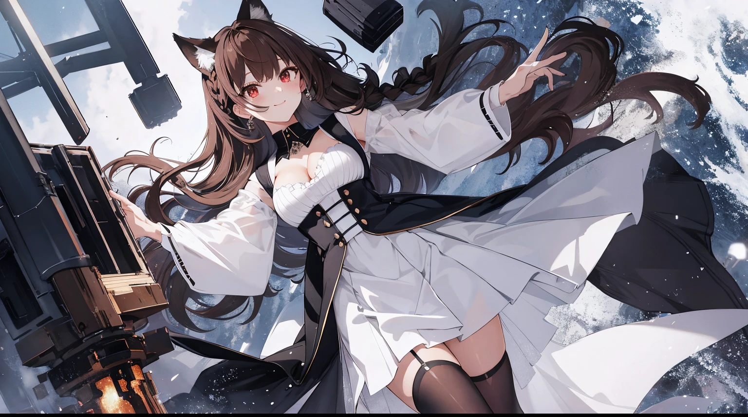 ((tmasterpiece:1.4,Best quality at best))+,(hyper-detailing)+,(詳細な目:1.5)+,(Brown fox ears:1.5),(cute girls),(Red eyes:1.5),Brown hair,short detailed hair,A long braid,multiple fox tails,(wariza:1.2),pale-skinned,Seductive smile,black crystal block,Red crystal on forehead,(White school uniform:1.5),(black ribbon,White stockings,White apron,a white long skirt:1.4),dense fog,metal chains,golden silk gloves,Ski slopes,tropical garden,Lift up skirt and twirl,(Fashion girl:1.1),(dawn light:1.2),),(Close-up cleavage:1.1),(elevation perspective:1.3)