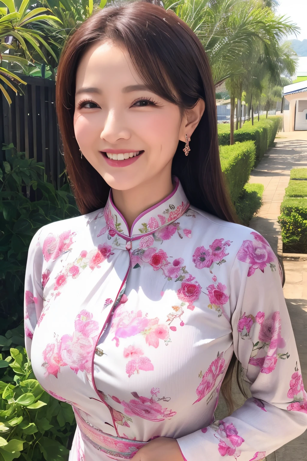 60-year-old woman、Wrinkles on the face、Beautie、Laugh、(Ao Dai:1.1),Big breasts