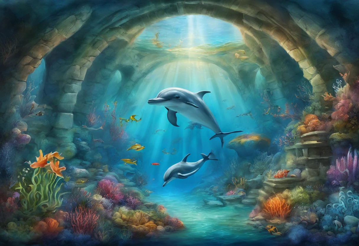 The picture shows a young couple，Take a photo inside the giant aquarium tunnel of an aquarium。Man wearing simple white T-shirt，The woman is wearing a white off-shoulder top and jeans，The two smiled，woman leaning on man，appear intimate and happy。Behind them is a blue ocean world，including a giant dolphin swimming gracefully above the tunnel，There are various other sea creatures swimming around in the blue waters。The whole scene is full of wonderful and romantic atmosphere。