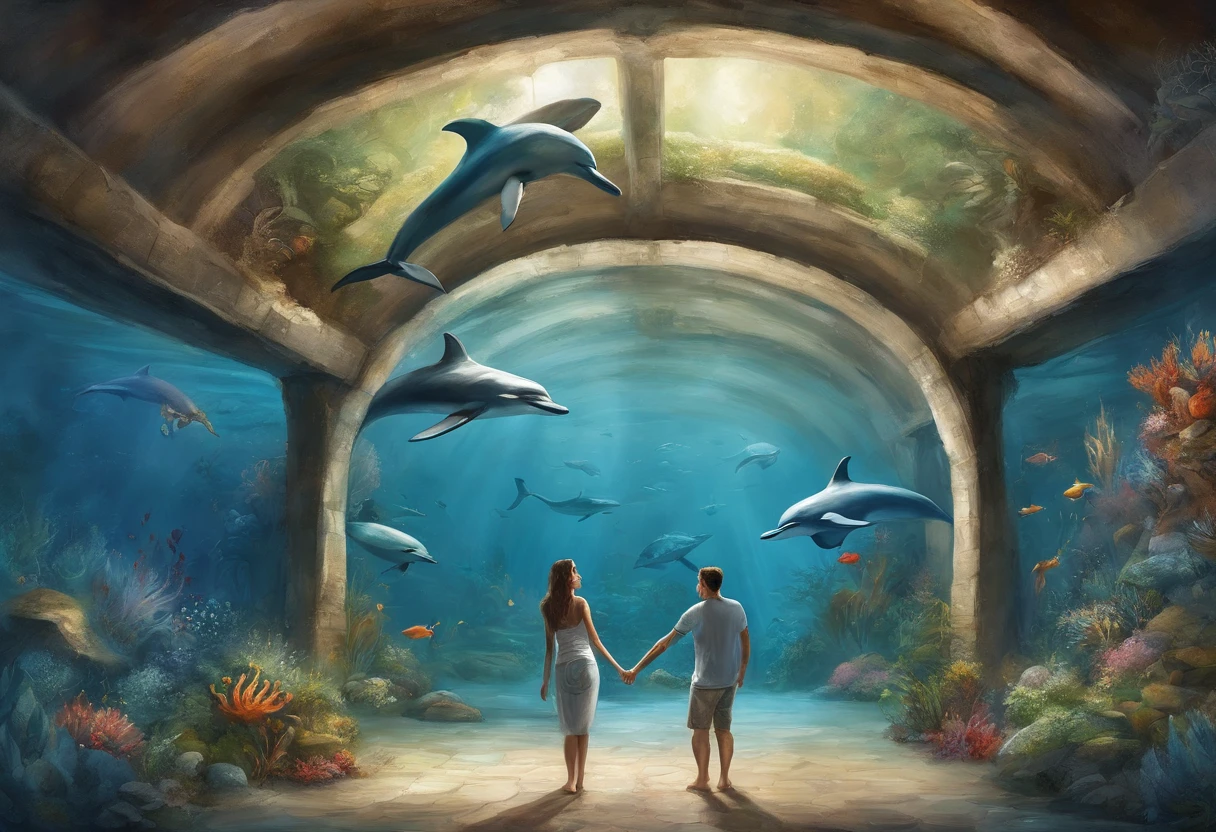 The picture shows a young couple,Take a photo inside the giant aquarium tunnel of an aquarium。Man wearing simple white T-shirt,The woman is wearing a white off-shoulder top and jeans,The two smiled,woman leaning on man,appear intimate and happy。Behind them is a blue ocean world,including a giant dolphin swimming gracefully above the tunnel,There are various other sea creatures swimming around in the blue waters。The whole scene is full of wonderful and romantic atmosphere。