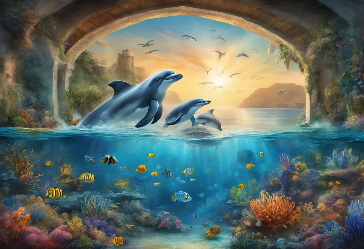 The picture shows a young couple，Take a photo inside the giant aquarium tunnel of an aquarium。Man wearing simple white T-shirt，The woman is wearing a white off-shoulder top and jeans，The two smiled，woman leaning on man，appear intimate and happy。Behind them is a blue ocean world，including a giant dolphin swimming gracefully above the tunnel，There are various other sea creatures swimming around in the blue waters。The whole scene is full of wonderful and romantic atmosphere。