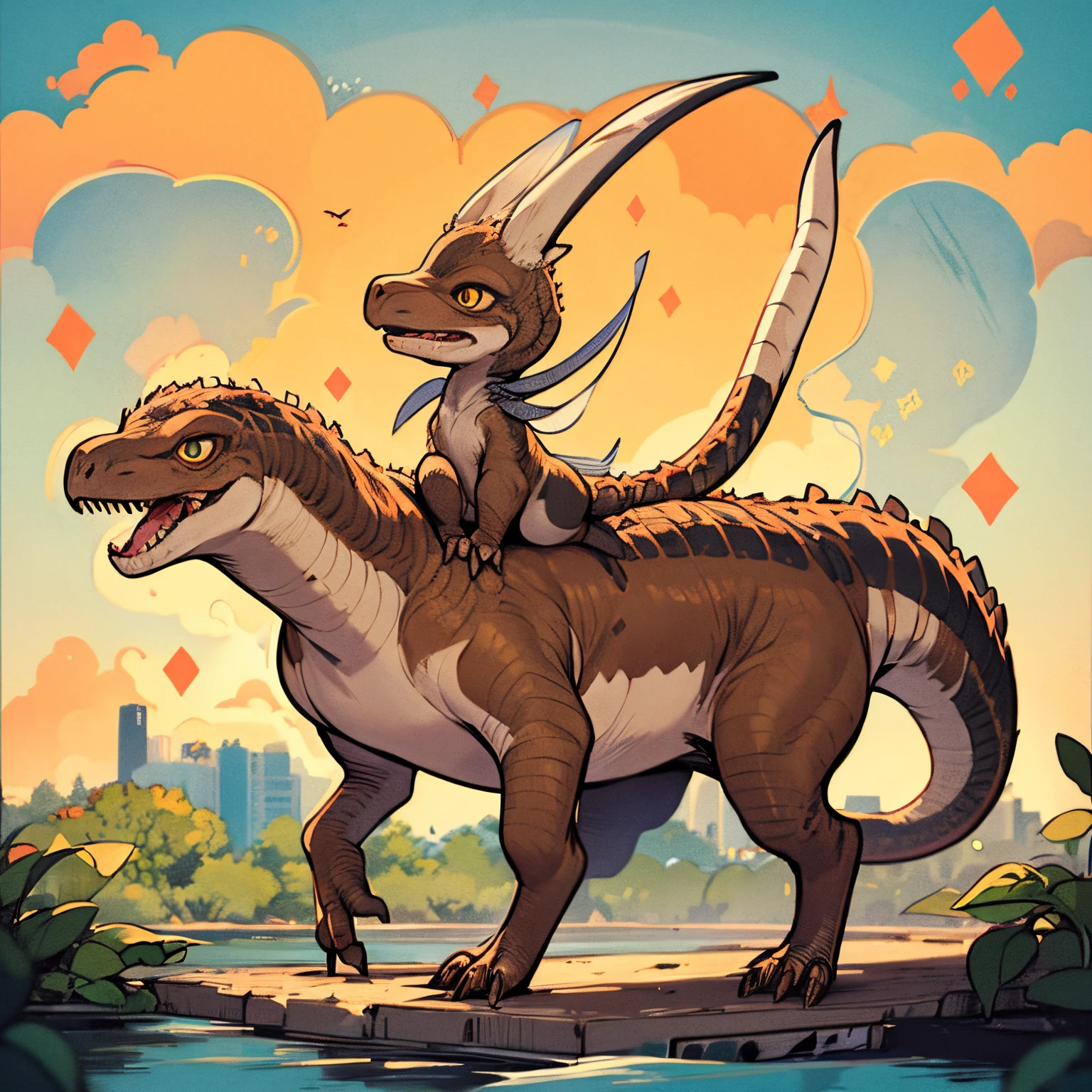 A masterpiece, a detailed background, Jurassic&#39;s world view、 A cute girl is riding a compsognathus、Happy look