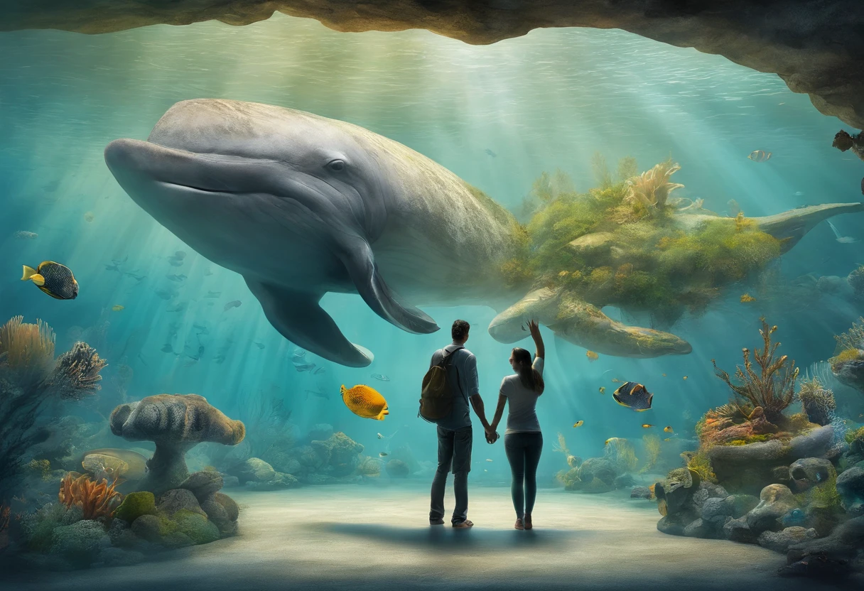 Two people were standing in front of a large aquarium, Okinawa Churaumi Aquarium, vividness), aquariums, standing under the sea, merging, amazing depth, photograph taken in 2 0 2 0, Incredible depth, under the ocean, husband and wife, Giant whale tank with legs, famiglia, photo, Photos taken with a Nikon D750